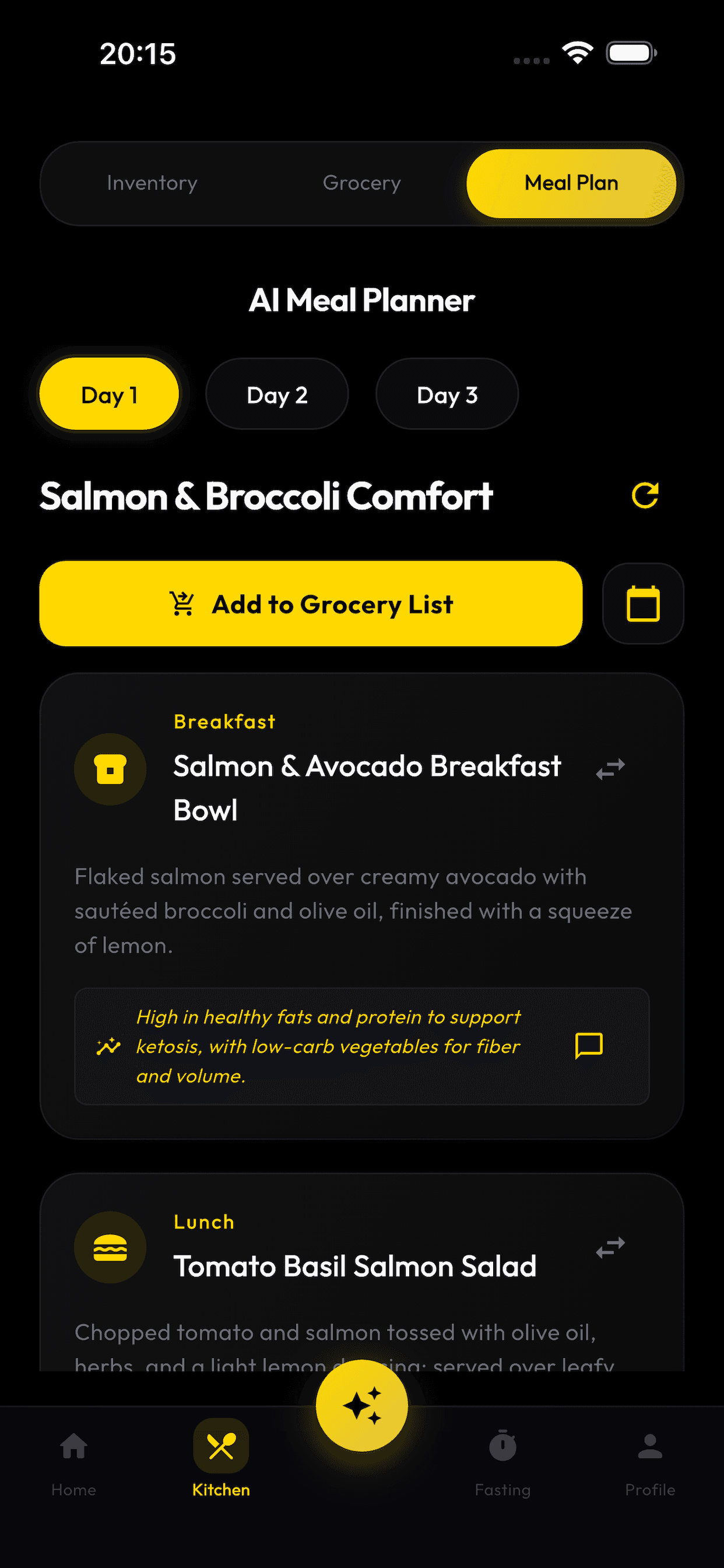 NoChefAI personalized 3-day meal plan