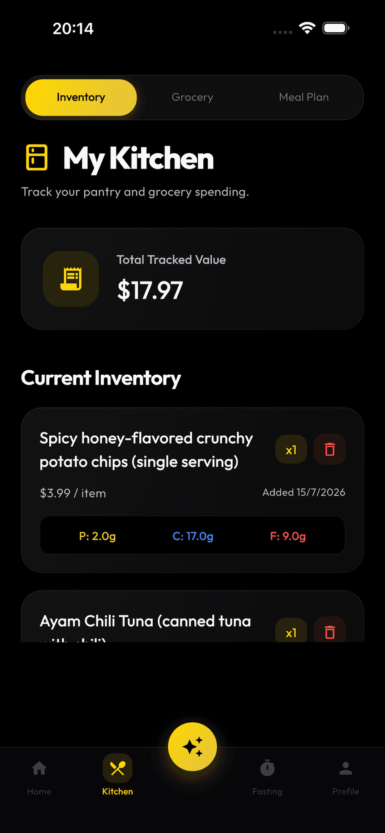 NoChefAI Pantry Tracking expenses and macros