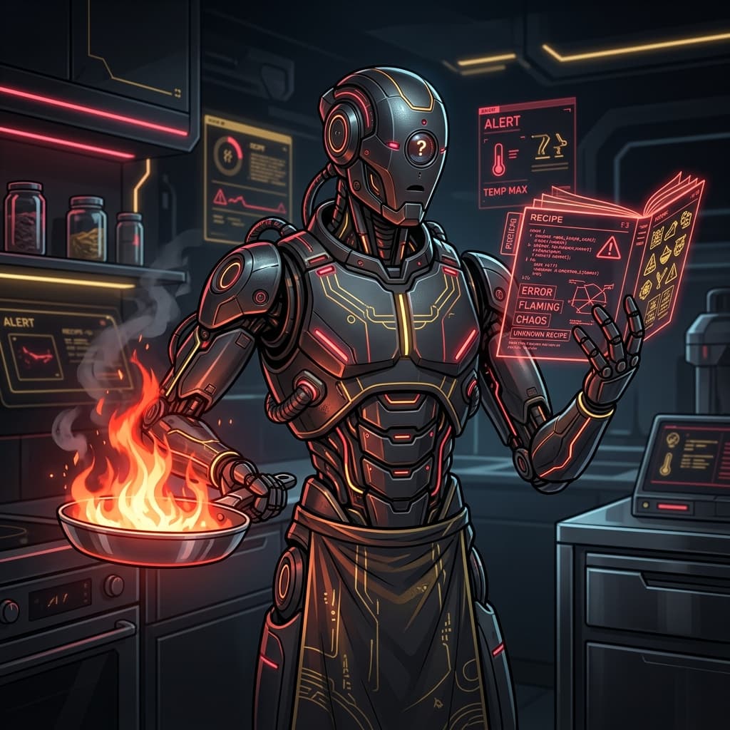 A confused futuristic robot chef holding a burning pan