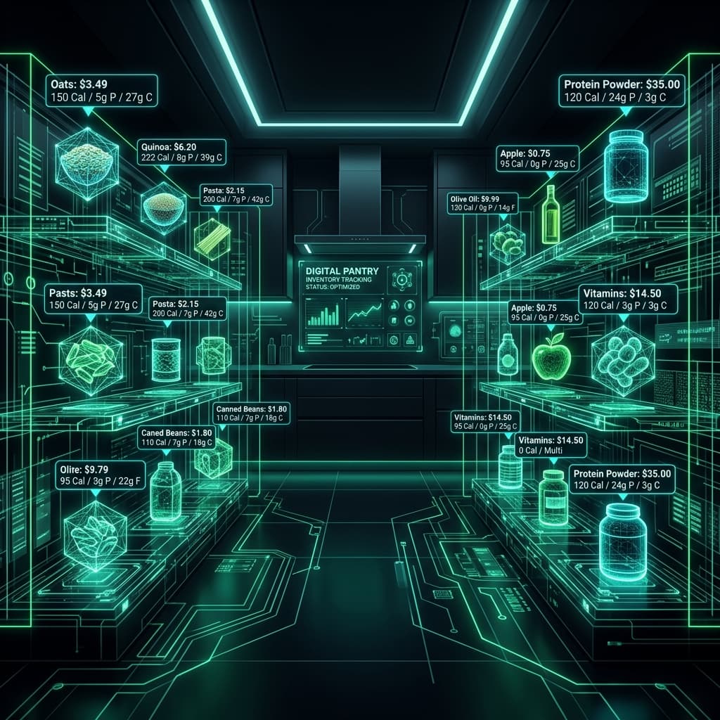 A glowing digital pantry visualizing the financial value of food items