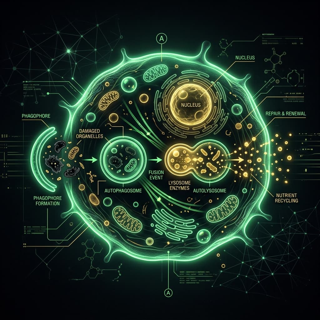 Cellular autophagy breaking down old cellular debris
