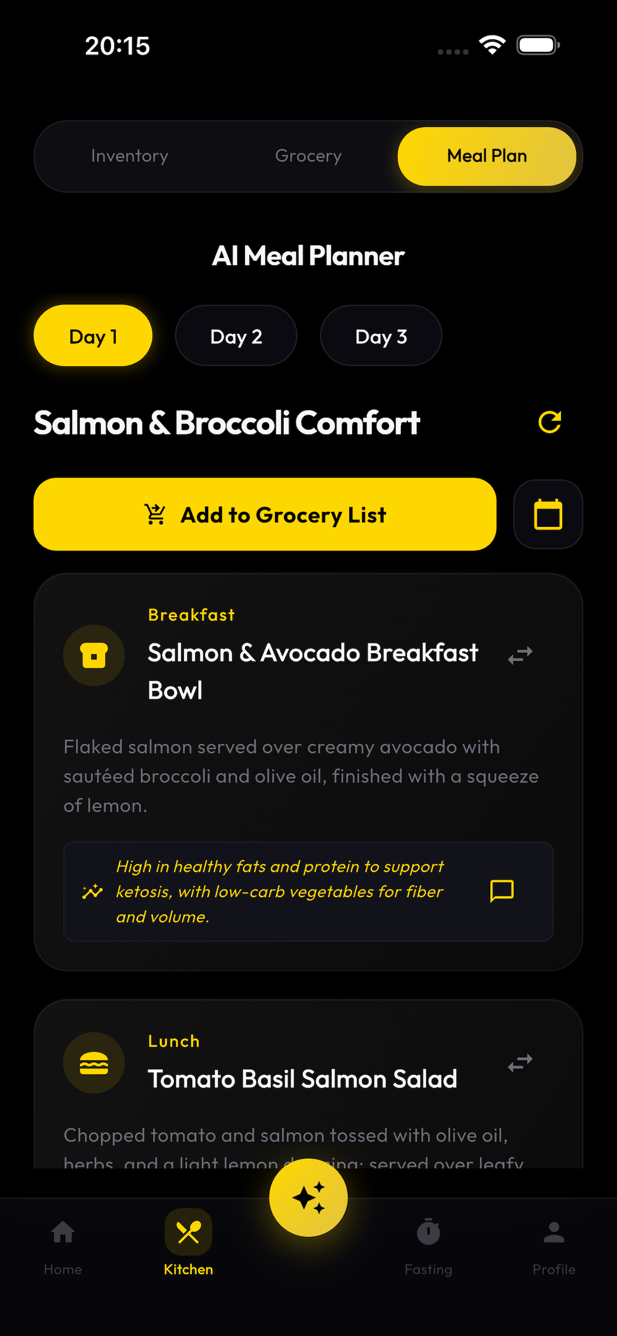 NoChefAI Beta Feature Screenshot - AI Meal Planner showing 3-day personalized plans
